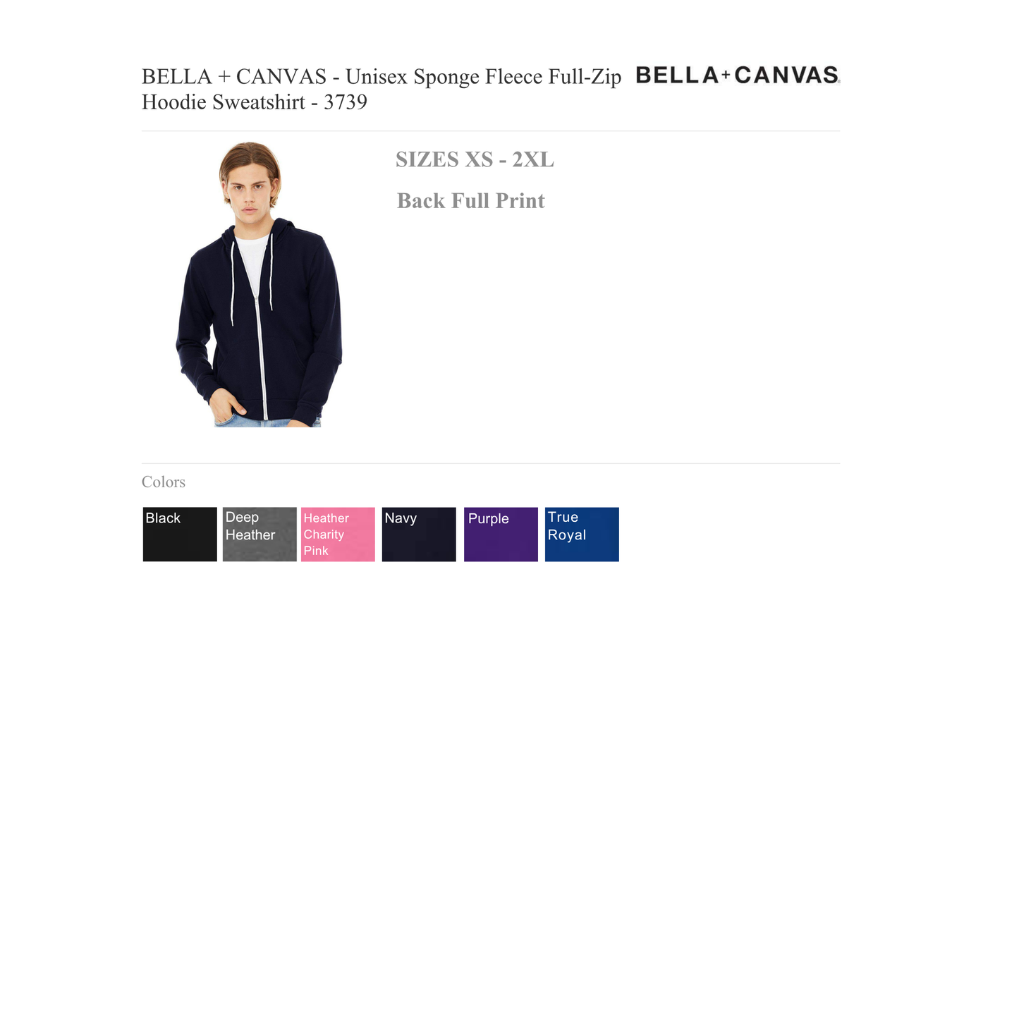 Bella + Canvas Unisex Full Zip Hoodie Sweatshirt