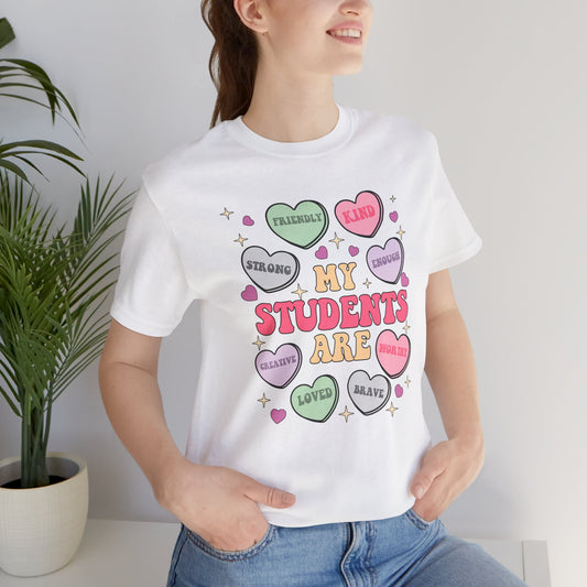 Teacher Valetine Candy Hearts, Unisex Bella Tshirt